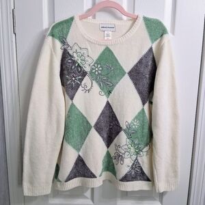 Vintage Alfred Dunner Chenille Sweater Lake Geneva Argyle Ivory Green Gray XL